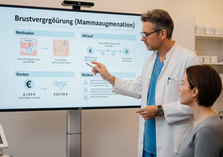Brustvergroesserung Symbolbild: Arzt berät Frau